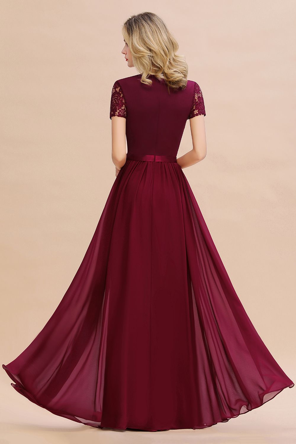 Elegant Chiffon Lace Jewel Short-Sleeves Affordable Bridesmaid Dress