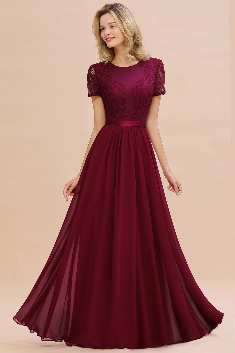 Elegant Chiffon Lace Jewel Short-Sleeves Affordable Bridesmaid Dress