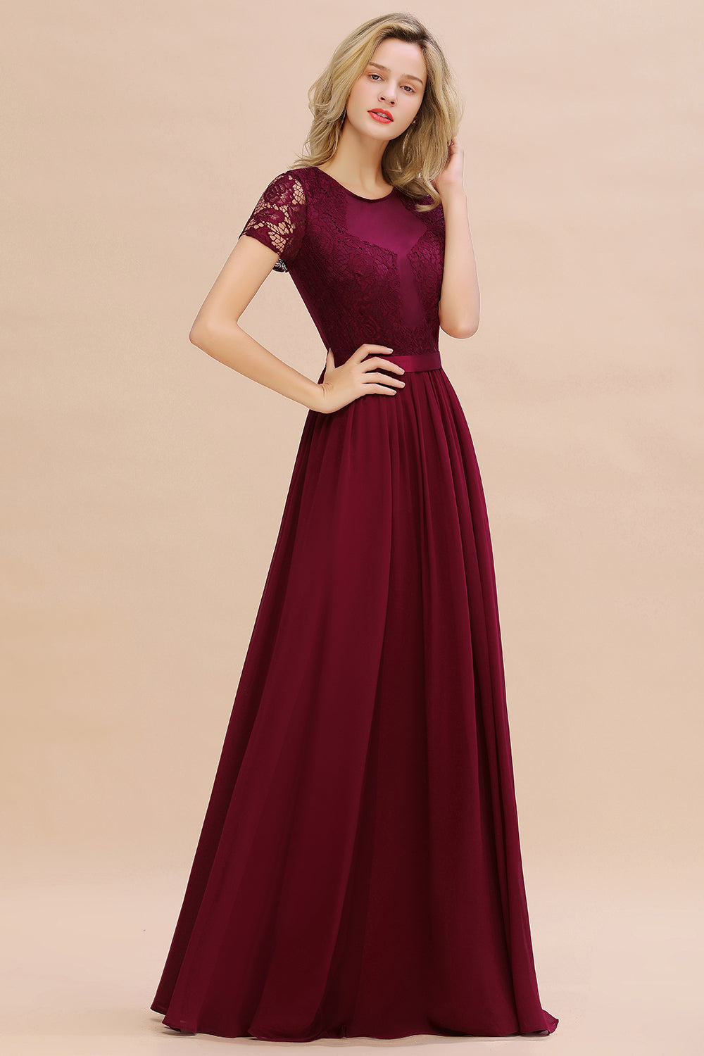 Elegant Chiffon Lace Jewel Short-Sleeves Affordable Bridesmaid Dress