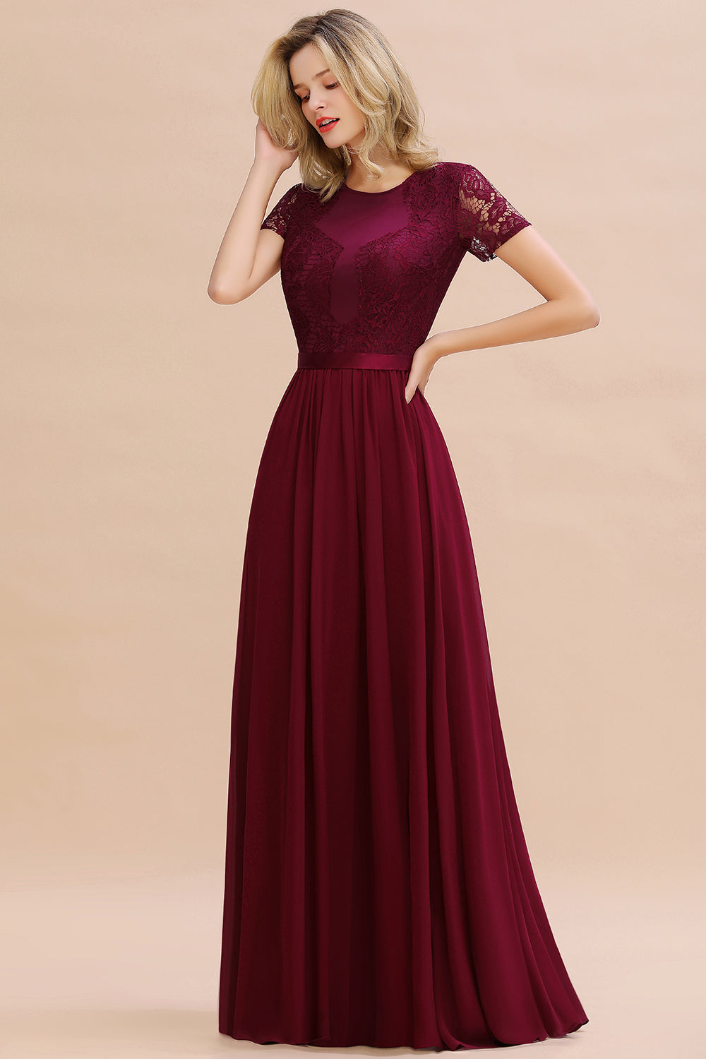 Elegant Chiffon Lace Jewel Short-Sleeves Affordable Bridesmaid Dress