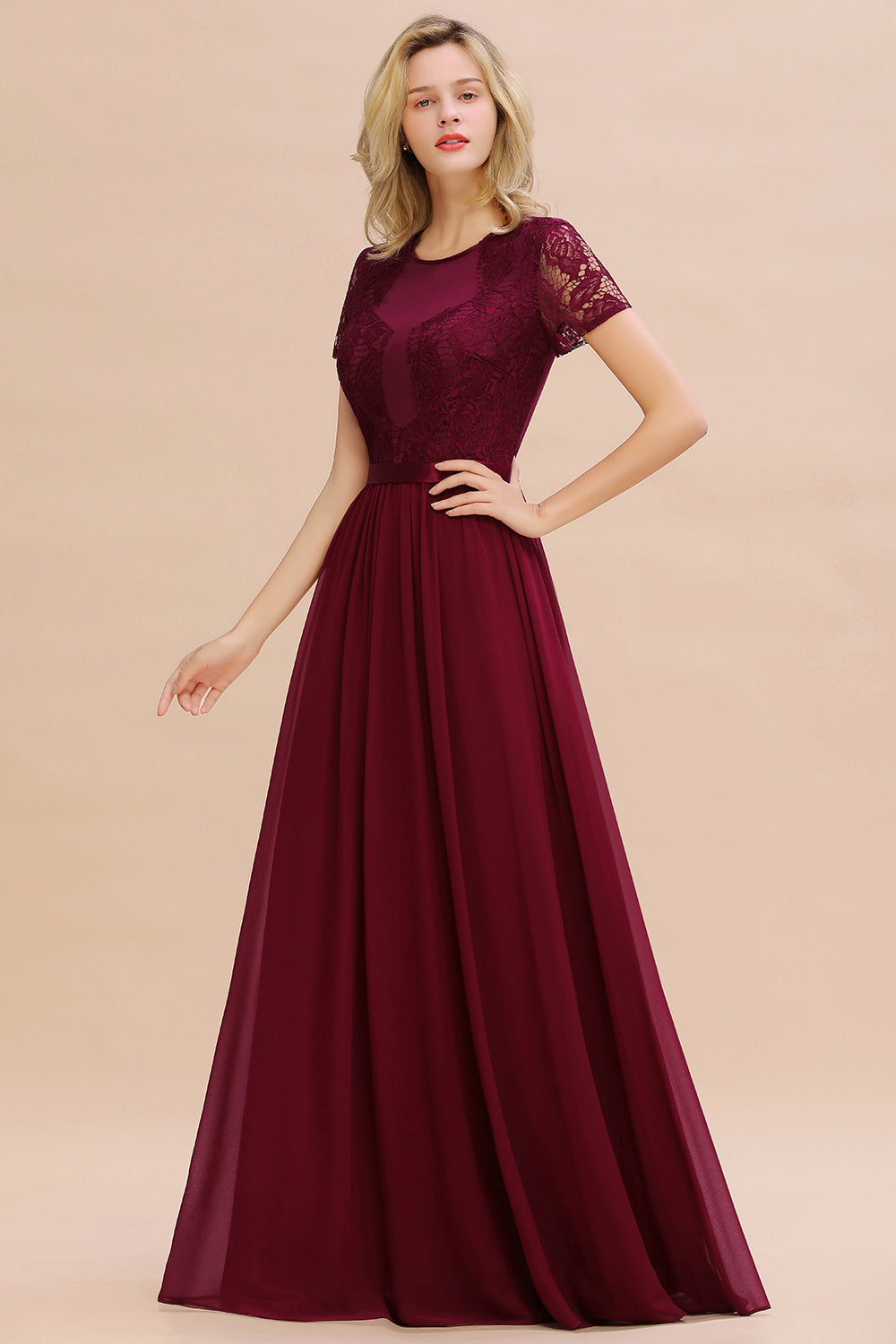 Elegant Chiffon Lace Jewel Short-Sleeves Affordable Bridesmaid Dress