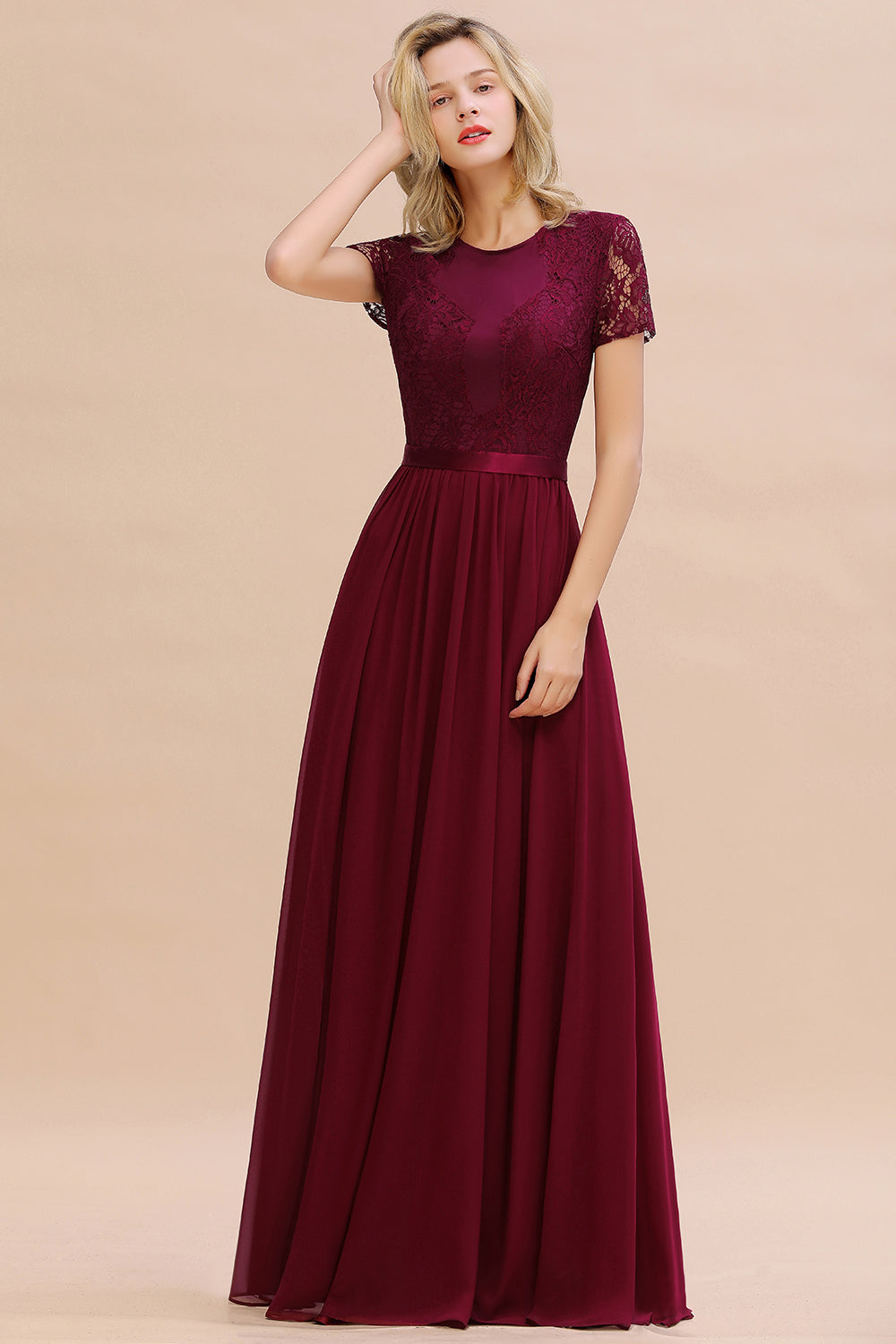 Elegant Chiffon Lace Jewel Short-Sleeves Affordable Bridesmaid Dress