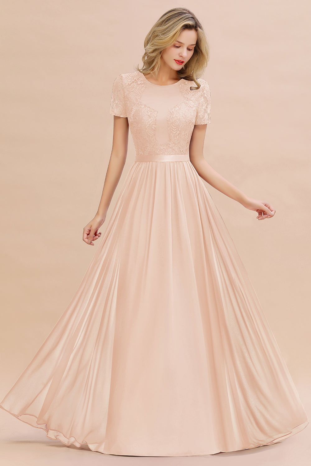 Elegant Chiffon Lace Jewel Short-Sleeves Affordable Bridesmaid Dress