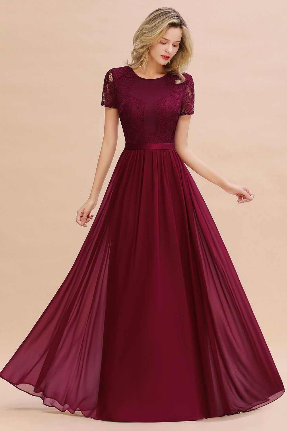 Elegant Chiffon Lace Jewel Short-Sleeves Affordable Bridesmaid Dress