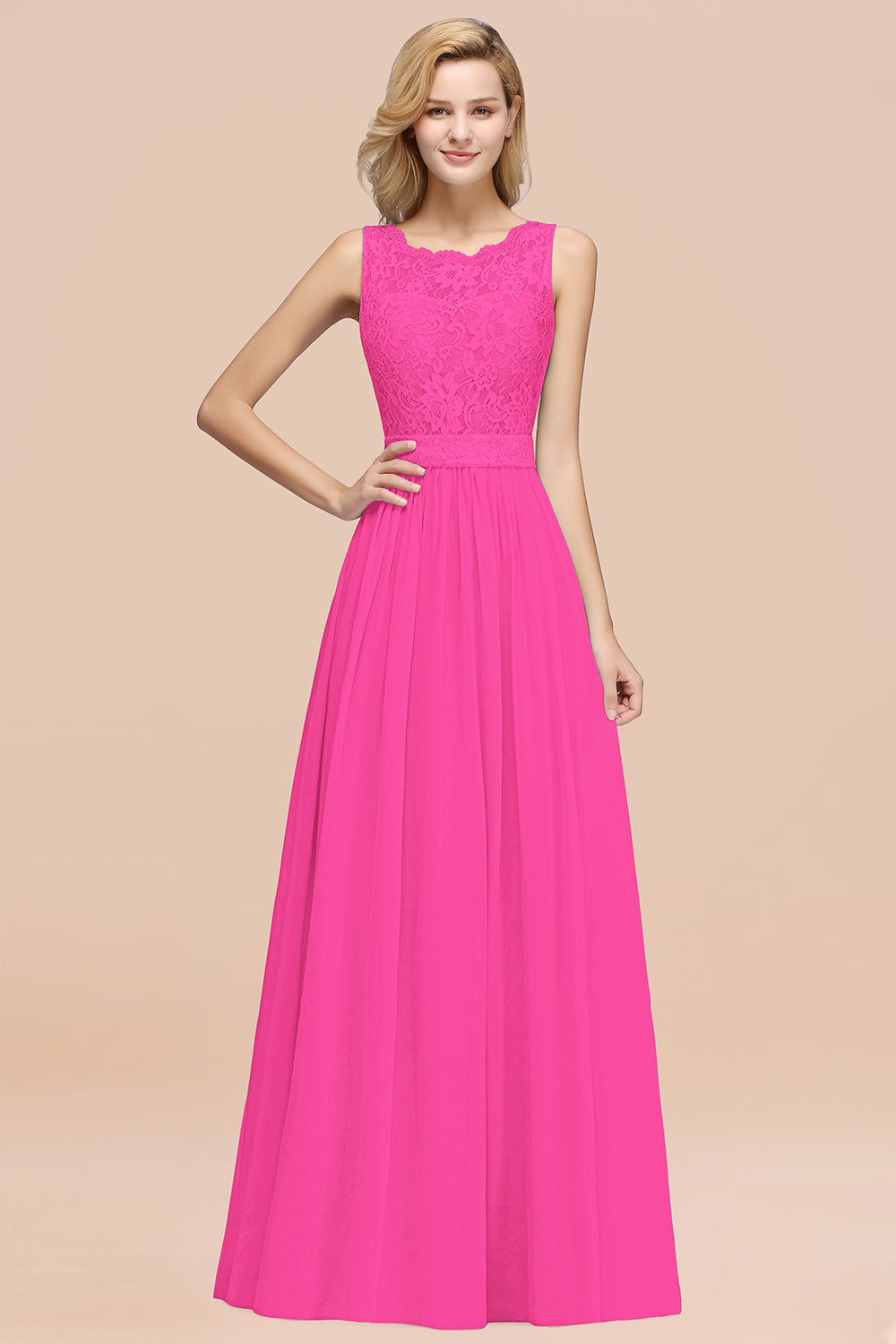 Elegant Chiffon Lace Scalloped Sleeveless Ruffle Bridesmaid Dresses