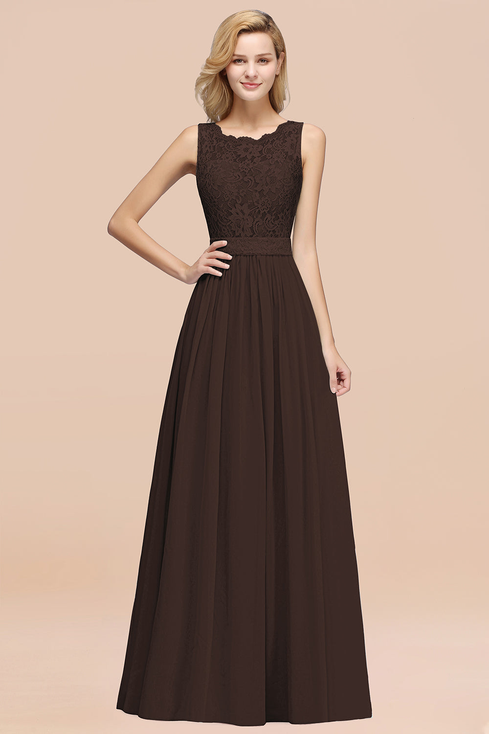 Elegant Chiffon Lace Scalloped Sleeveless Ruffle Bridesmaid Dresses