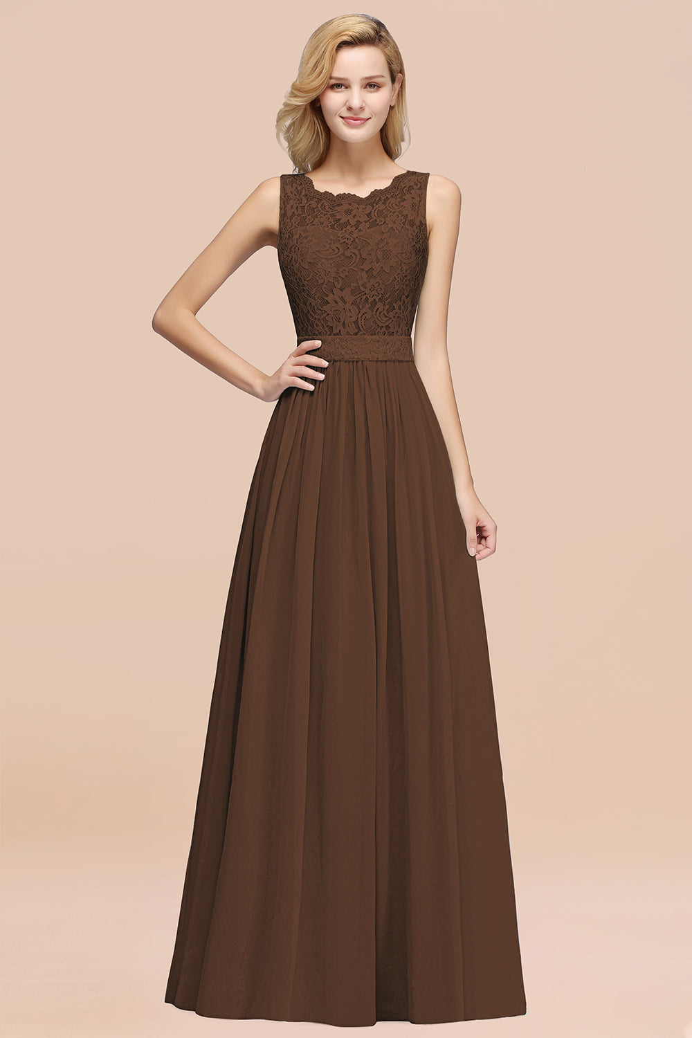 Elegant Chiffon Lace Scalloped Sleeveless Ruffle Bridesmaid Dresses