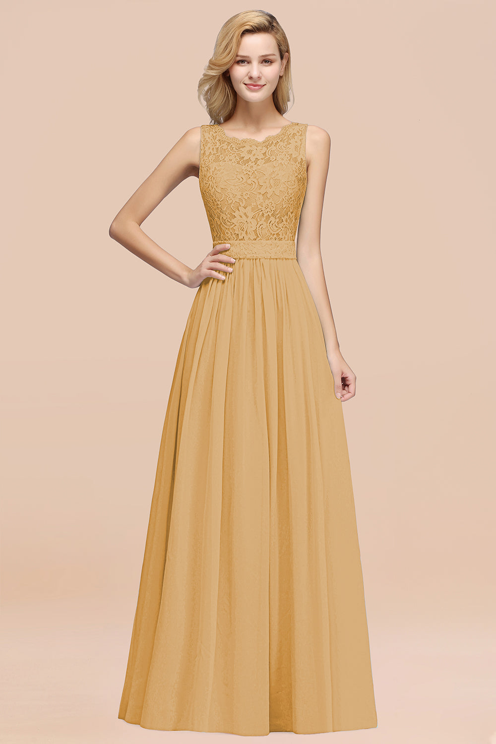 Elegant Chiffon Lace Scalloped Sleeveless Ruffle Bridesmaid Dresses