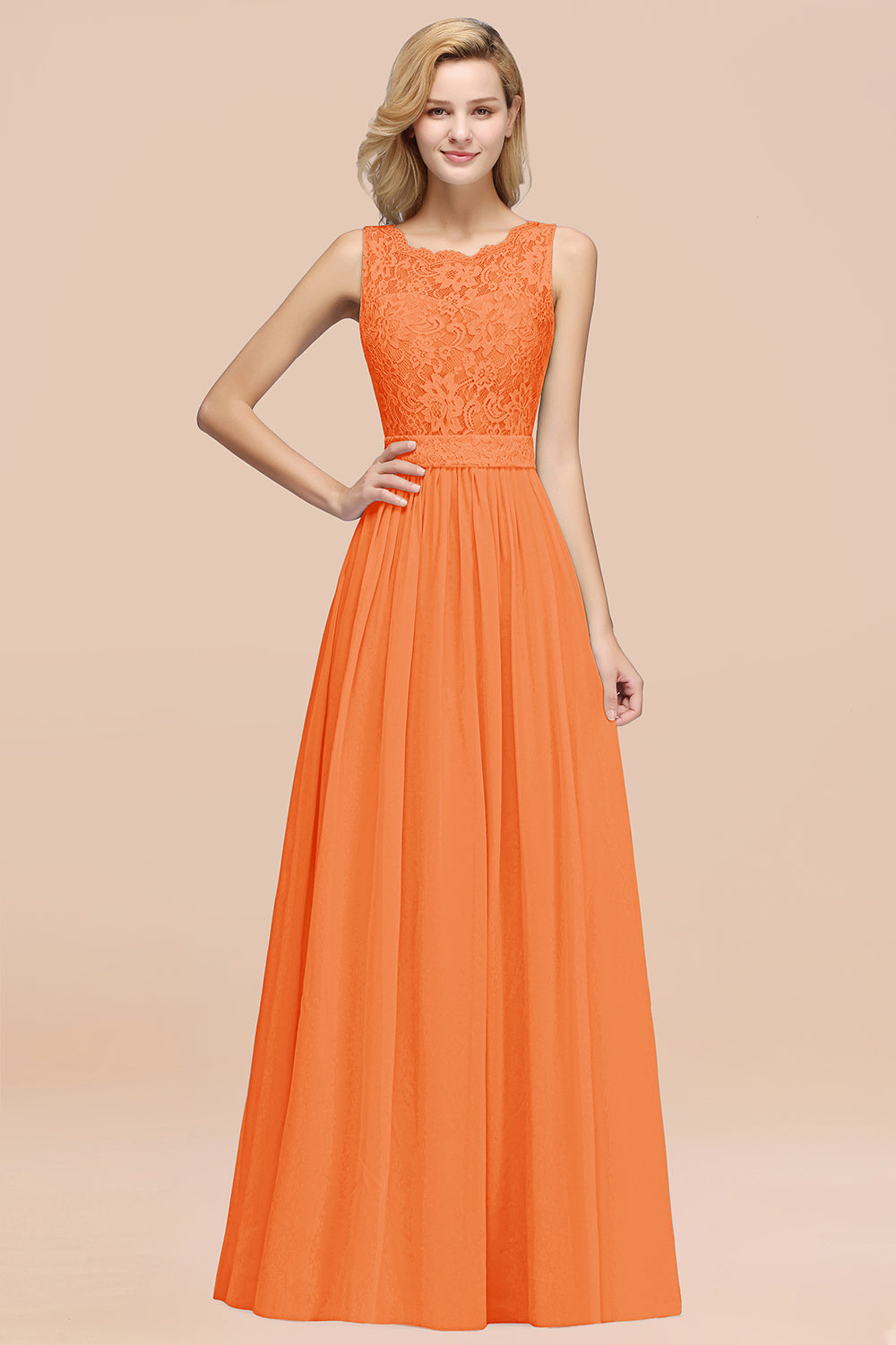 Elegant Chiffon Lace Scalloped Sleeveless Ruffle Bridesmaid Dresses