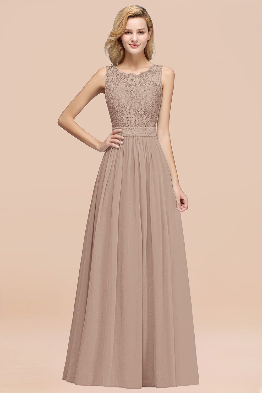 Elegant Chiffon Lace Scalloped Sleeveless Ruffle Bridesmaid Dresses