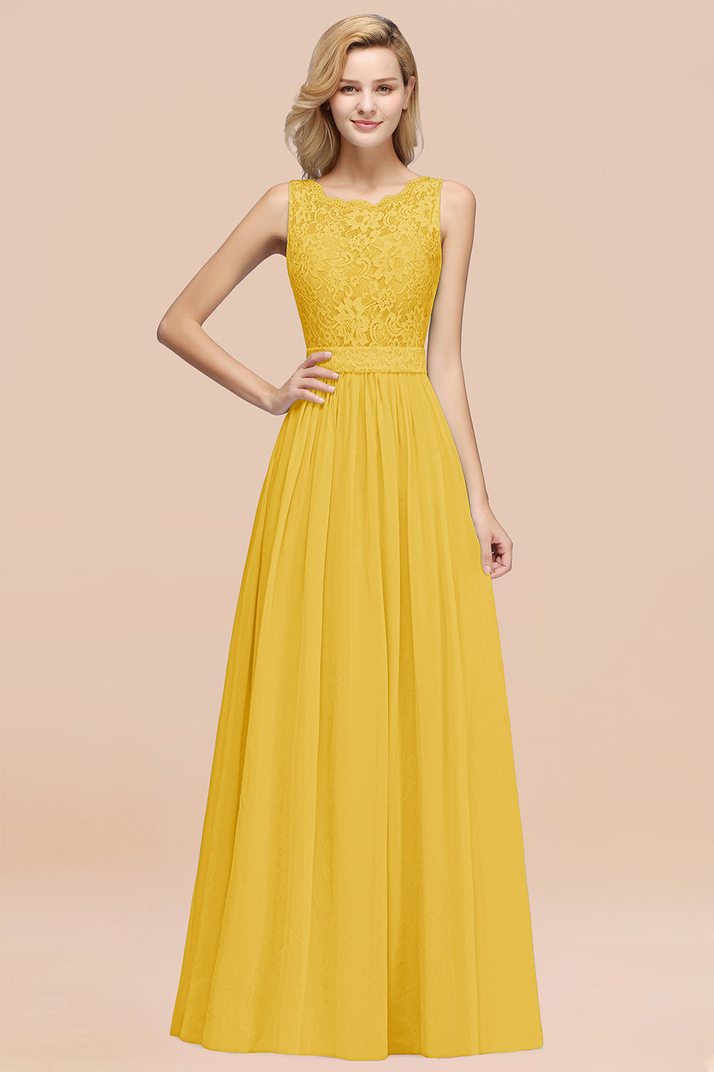 Elegant Chiffon Lace Scalloped Sleeveless Ruffle Bridesmaid Dresses