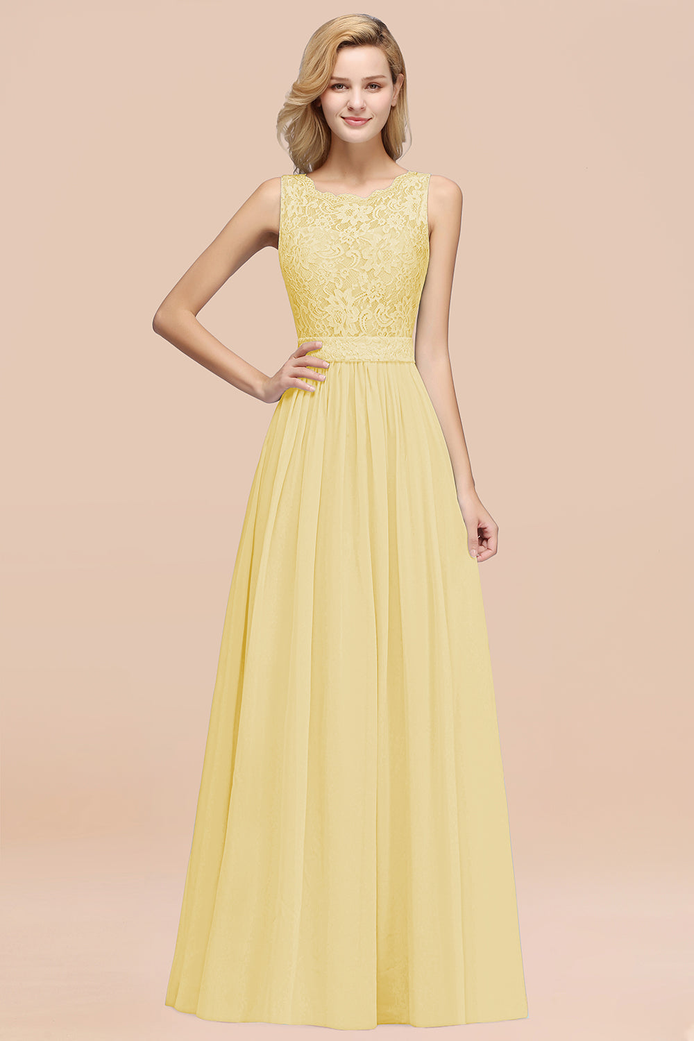 Elegant Chiffon Lace Scalloped Sleeveless Ruffle Bridesmaid Dresses