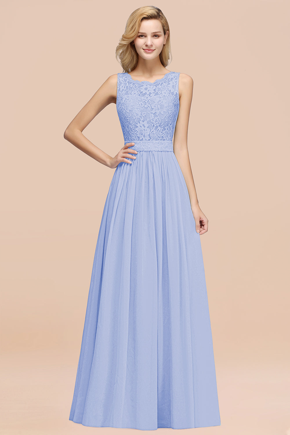 Elegant Chiffon Lace Scalloped Sleeveless Ruffle Bridesmaid Dresses