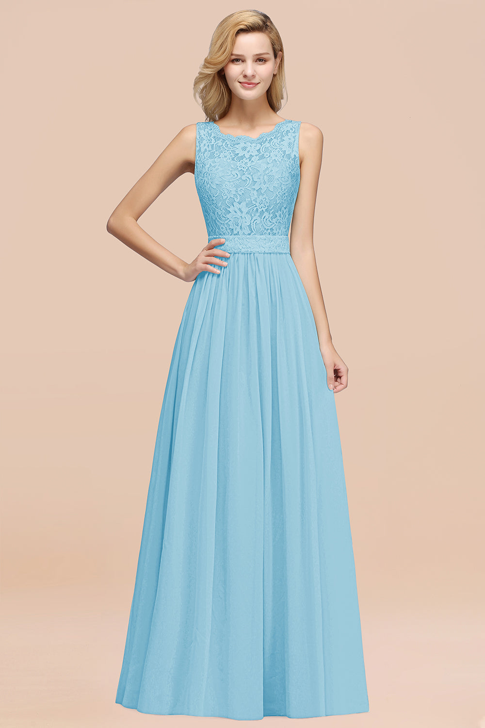 Elegant Chiffon Lace Scalloped Sleeveless Ruffle Bridesmaid Dresses