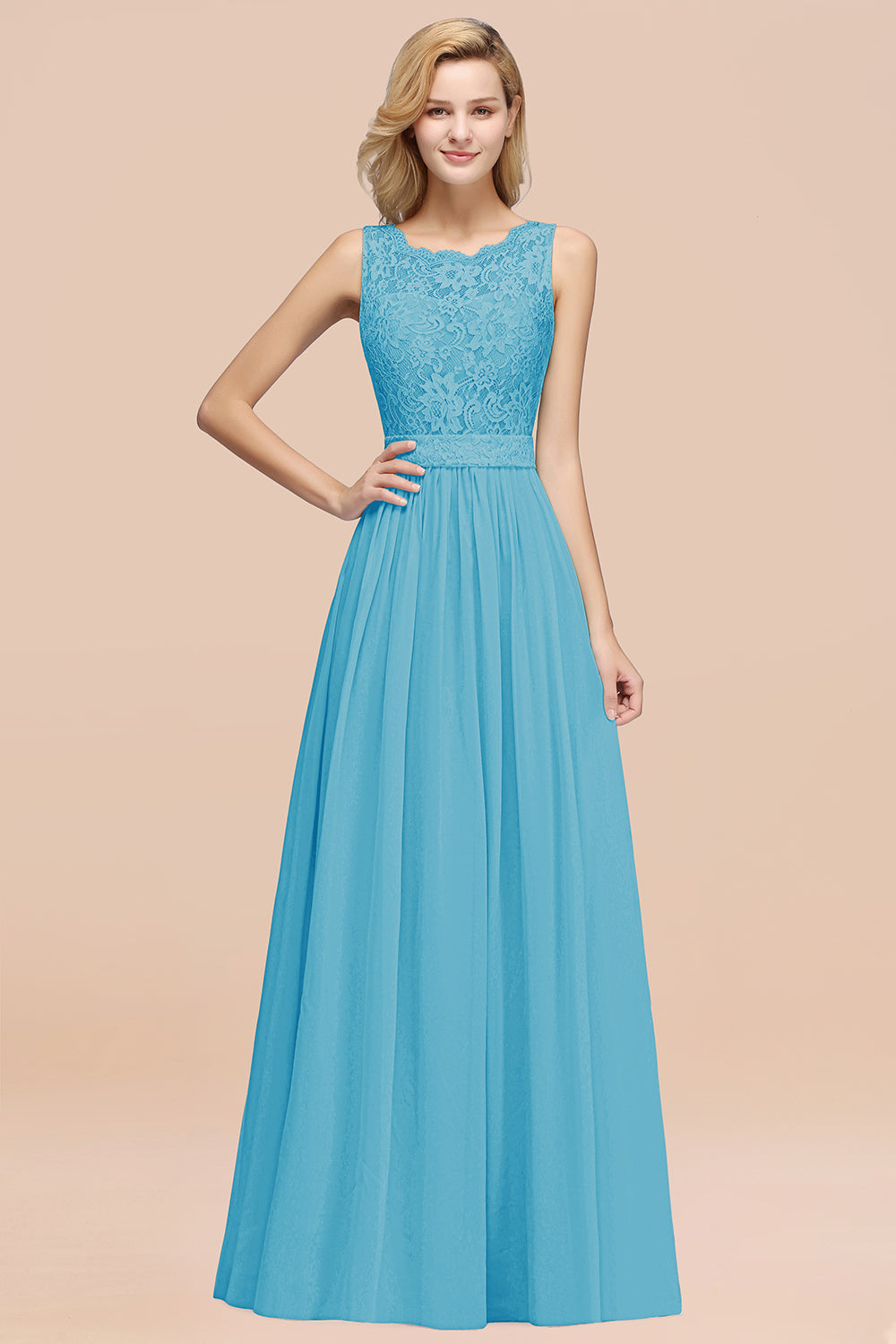 Elegant Chiffon Lace Scalloped Sleeveless Ruffle Bridesmaid Dresses