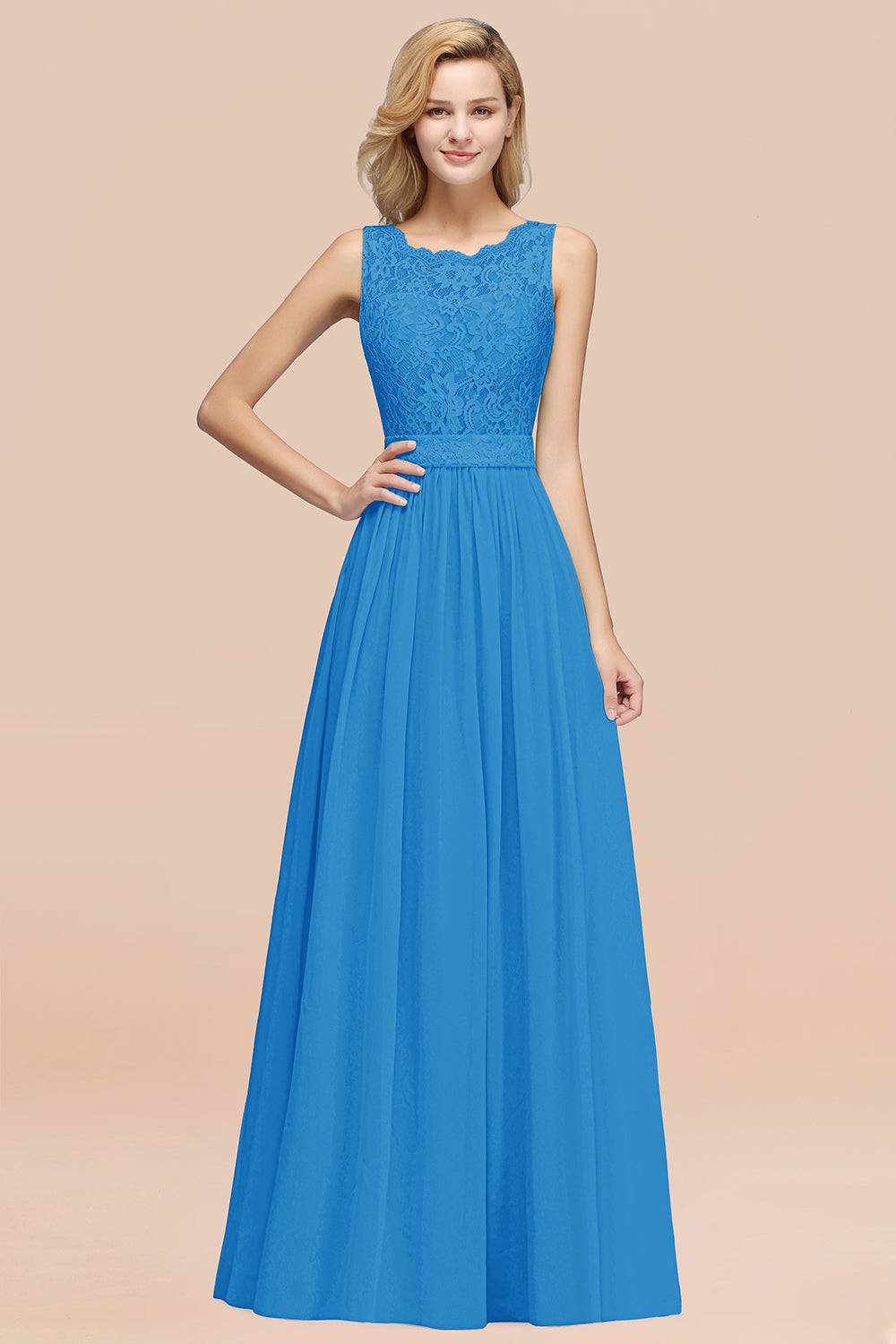 Elegant Chiffon Lace Scalloped Sleeveless Ruffle Bridesmaid Dresses