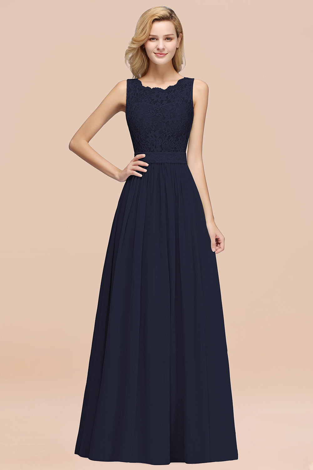 Elegant Chiffon Lace Scalloped Sleeveless Ruffle Bridesmaid Dresses