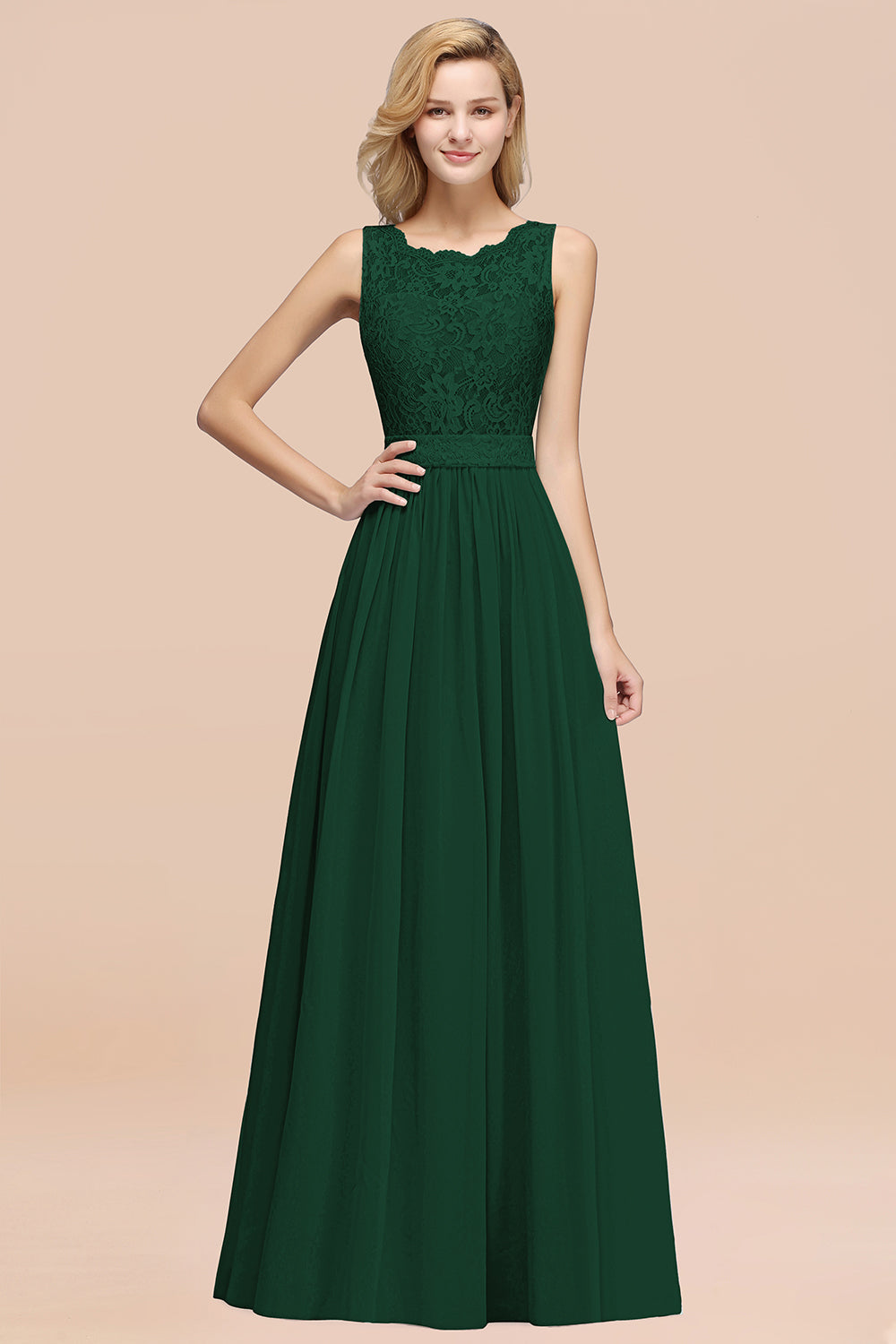 Elegant Chiffon Lace Scalloped Sleeveless Ruffle Bridesmaid Dresses