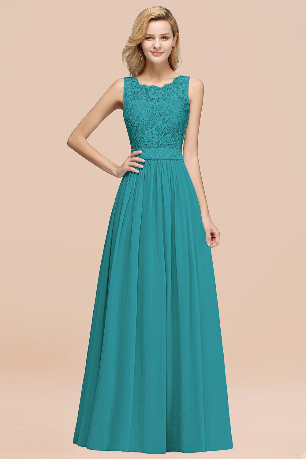 Elegant Chiffon Lace Scalloped Sleeveless Ruffle Bridesmaid Dresses