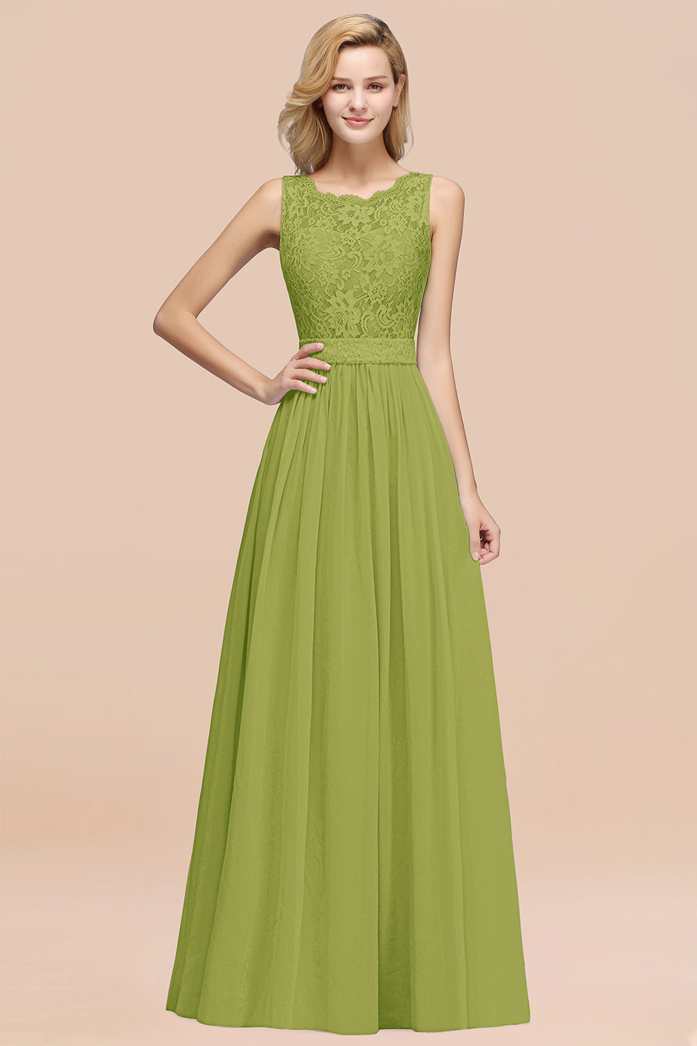 Elegant Chiffon Lace Scalloped Sleeveless Ruffle Bridesmaid Dresses