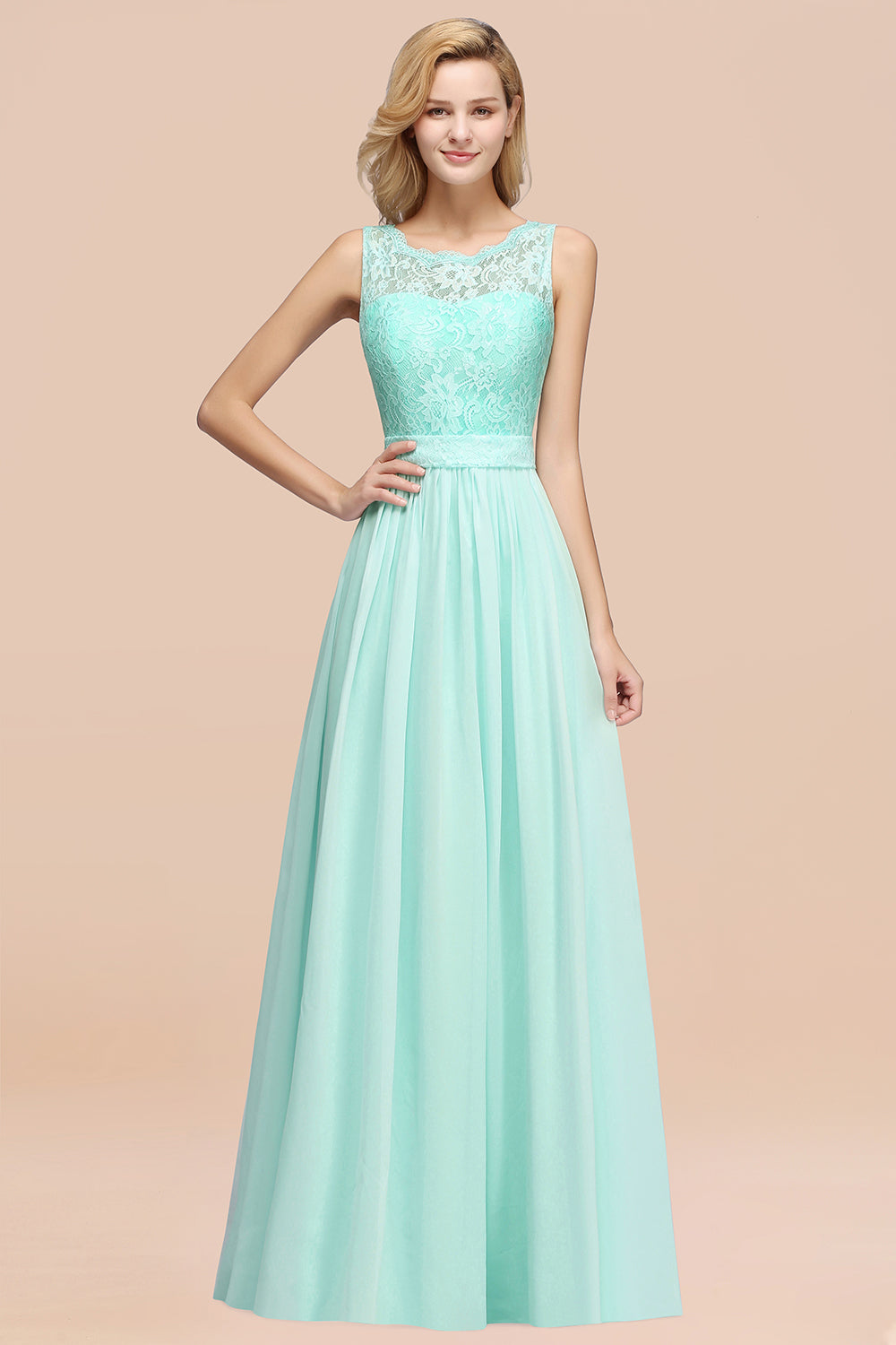 Elegant Chiffon Lace Scalloped Sleeveless Ruffle Bridesmaid Dresses