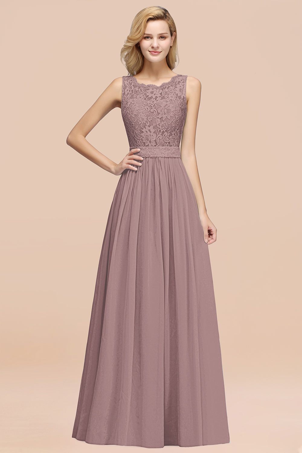 Elegant Chiffon Lace Scalloped Sleeveless Ruffle Bridesmaid Dresses