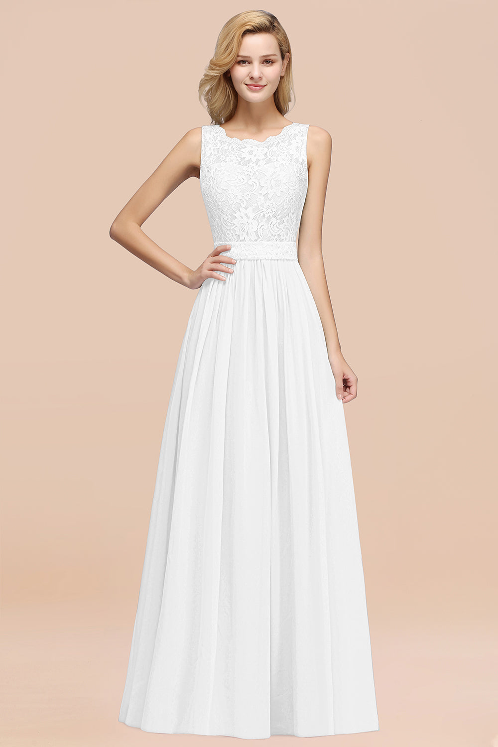 Elegant Chiffon Lace Scalloped Sleeveless Ruffle Bridesmaid Dresses