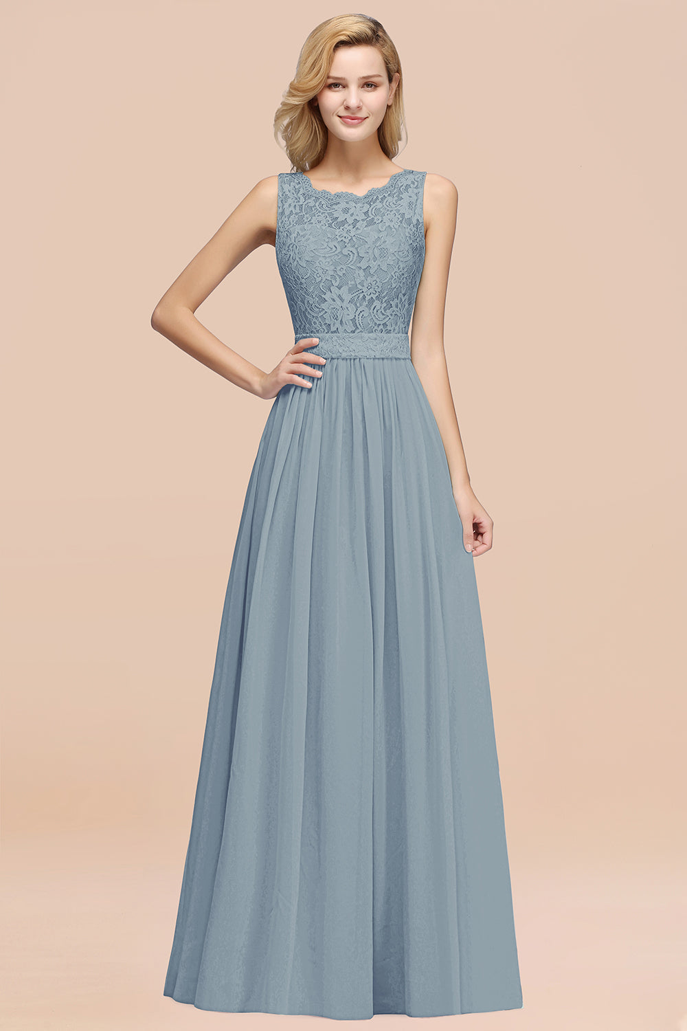 Elegant Chiffon Lace Scalloped Sleeveless Ruffle Bridesmaid Dresses