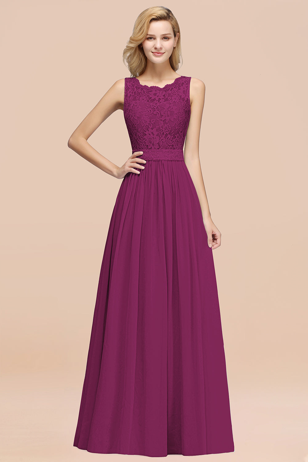 Elegant Chiffon Lace Scalloped Sleeveless Ruffle Bridesmaid Dresses