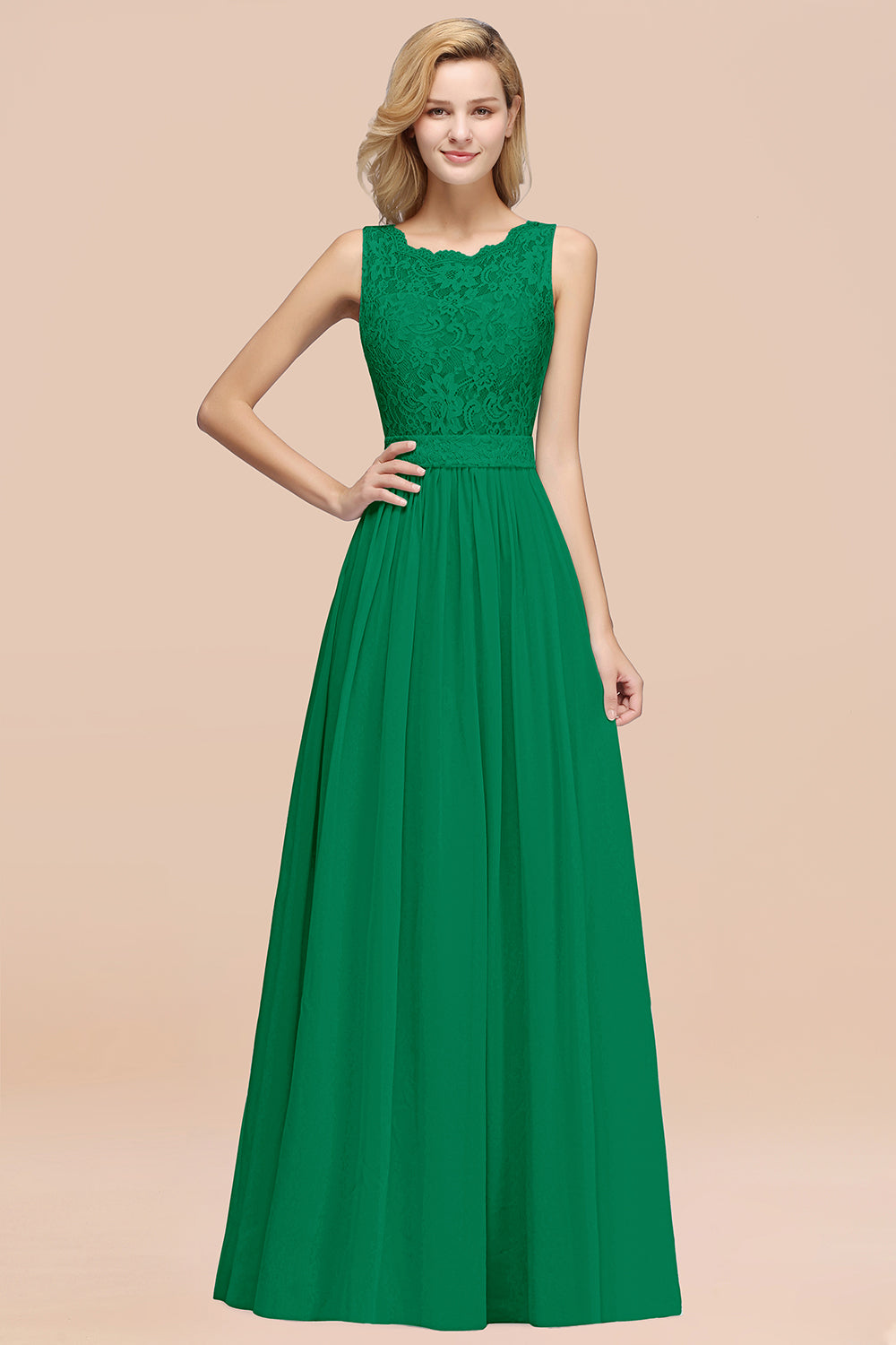 Elegant Chiffon Lace Scalloped Sleeveless Ruffle Bridesmaid Dresses