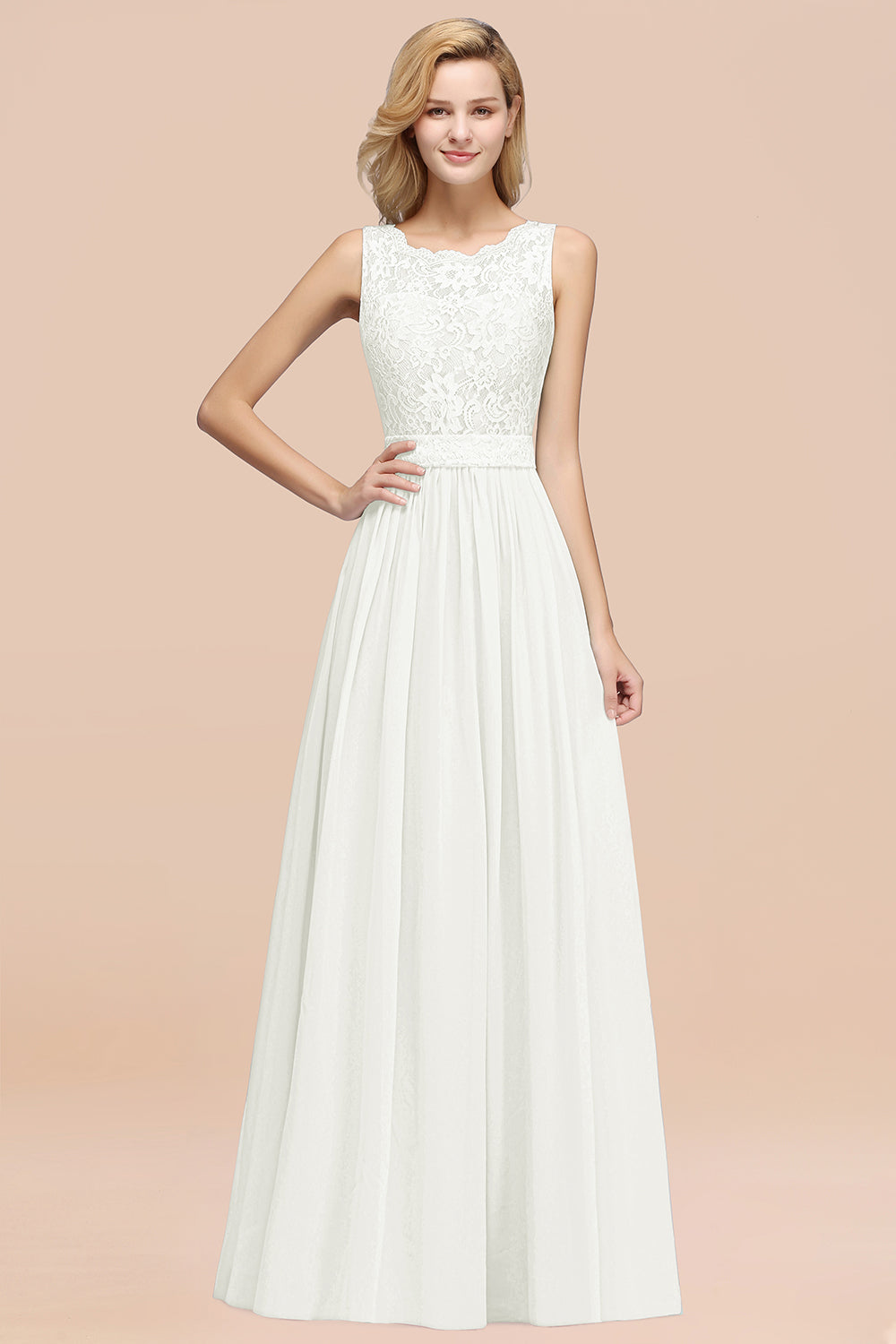 Elegant Chiffon Lace Scalloped Sleeveless Ruffle Bridesmaid Dresses