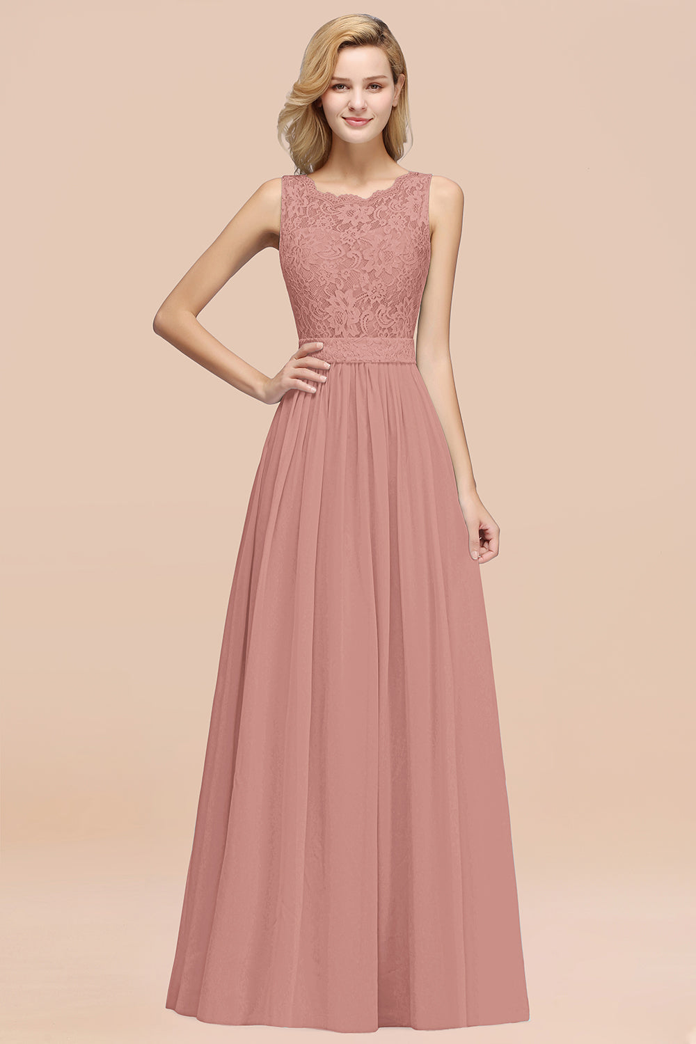 Elegant Chiffon Lace Scalloped Sleeveless Ruffle Bridesmaid Dresses