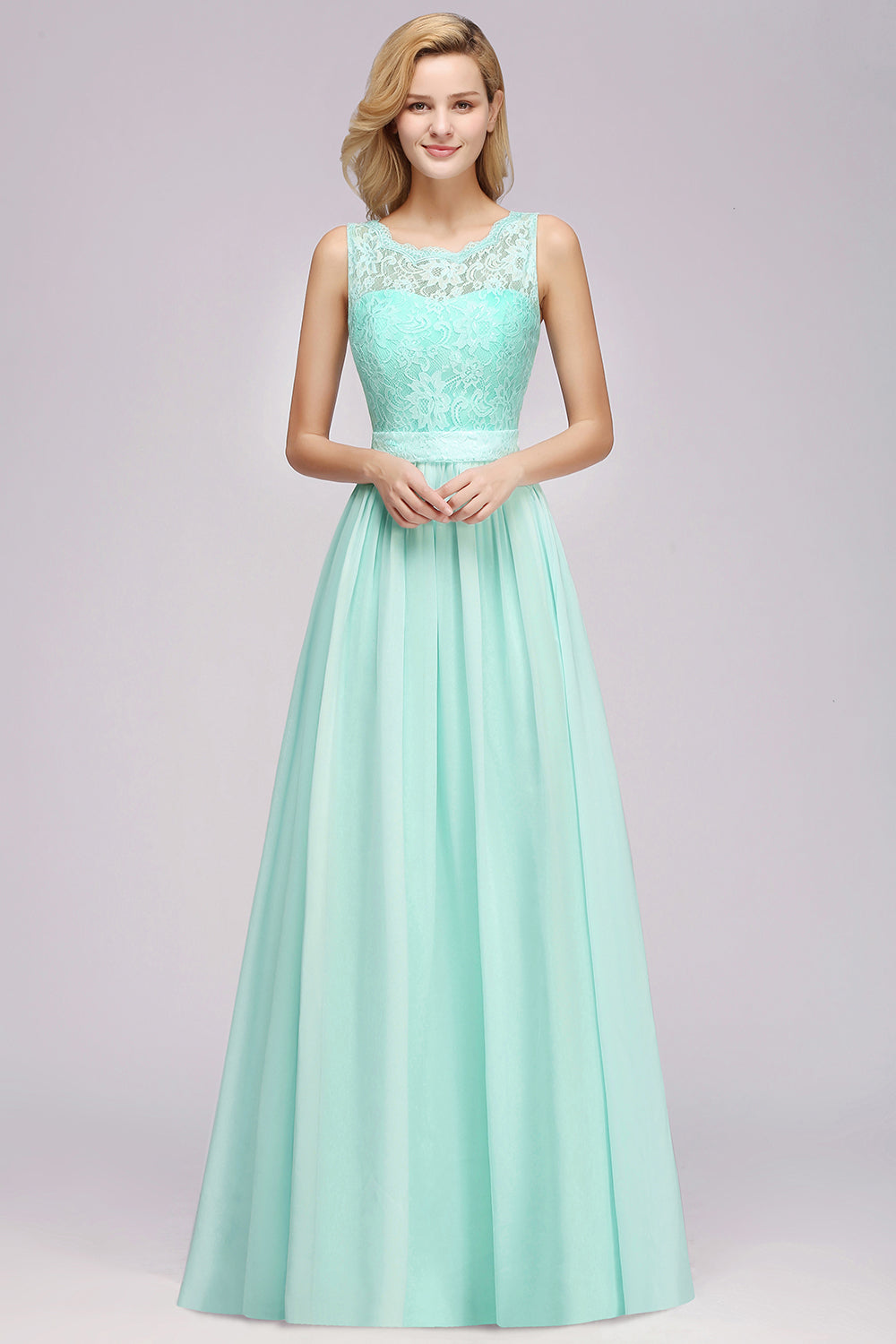Elegant Chiffon Lace Scalloped Sleeveless Ruffle Bridesmaid Dresses