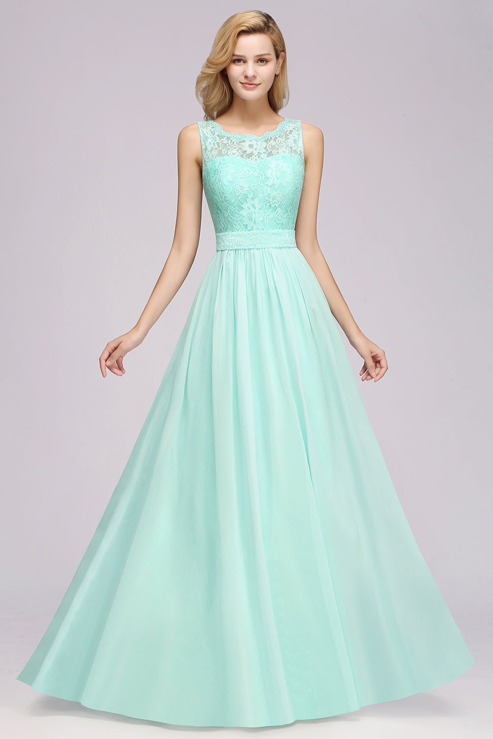 Elegant Chiffon Lace Scalloped Sleeveless Ruffle Bridesmaid Dresses
