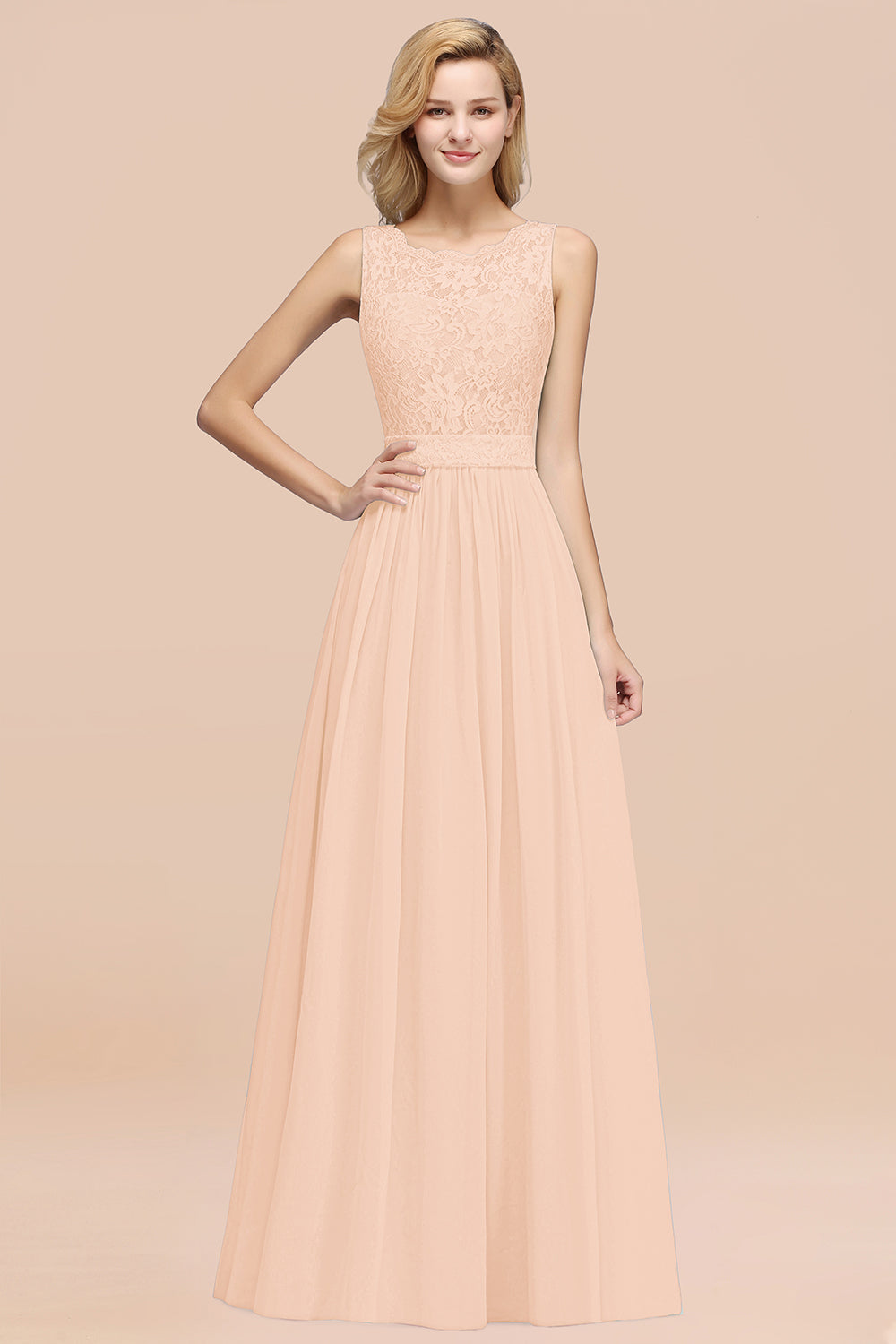 Elegant Chiffon Lace Scalloped Sleeveless Ruffle Bridesmaid Dresses