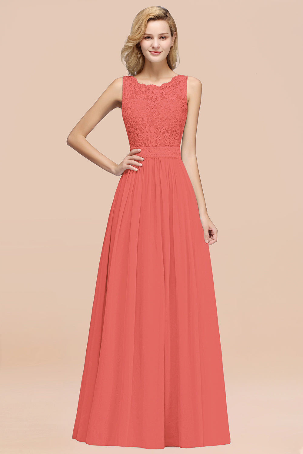 Elegant Chiffon Lace Scalloped Sleeveless Ruffle Bridesmaid Dresses