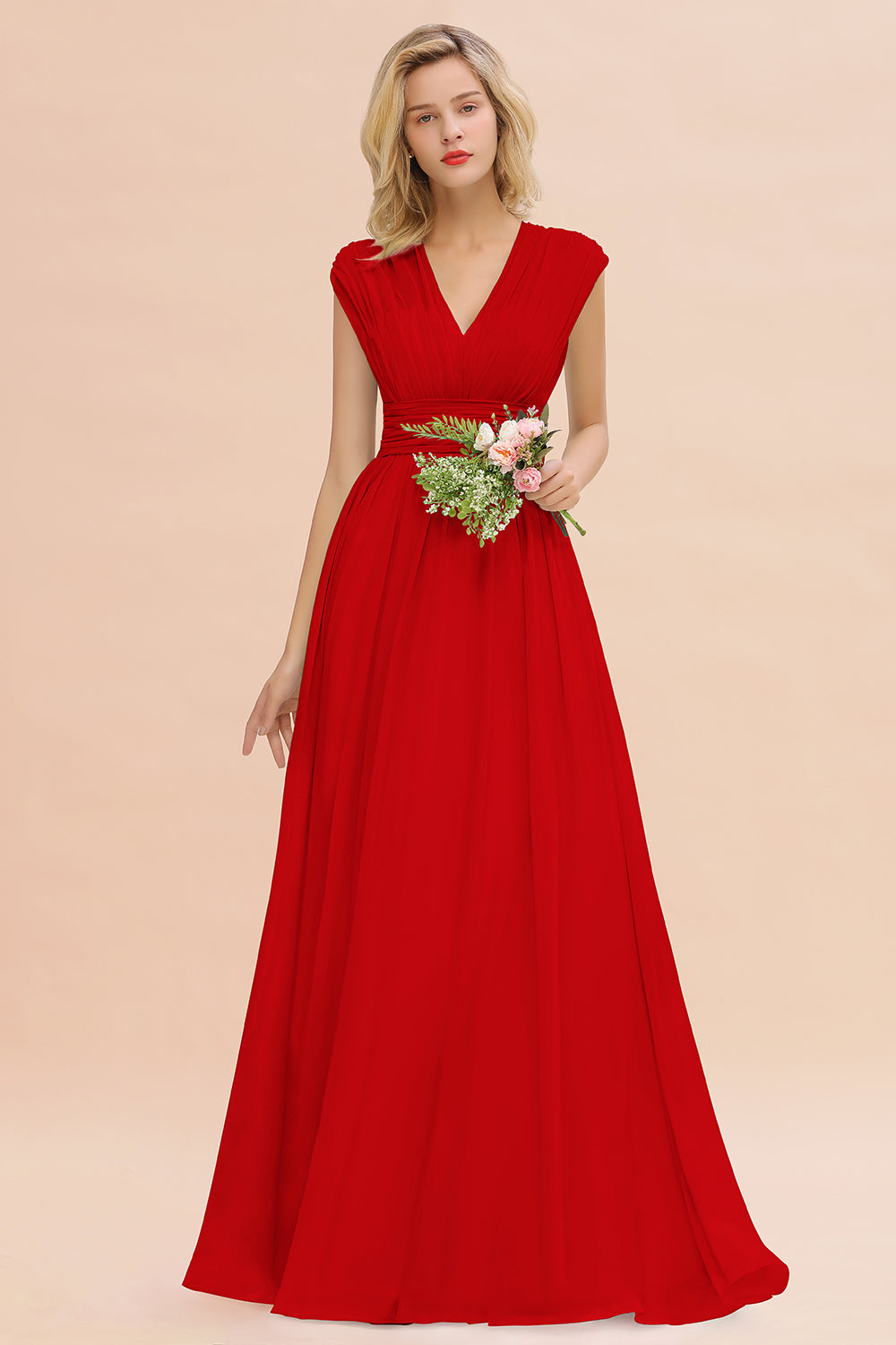 Elegant Chiffon V-Neck Ruffle Long Bridesmaid Dresses Affordable