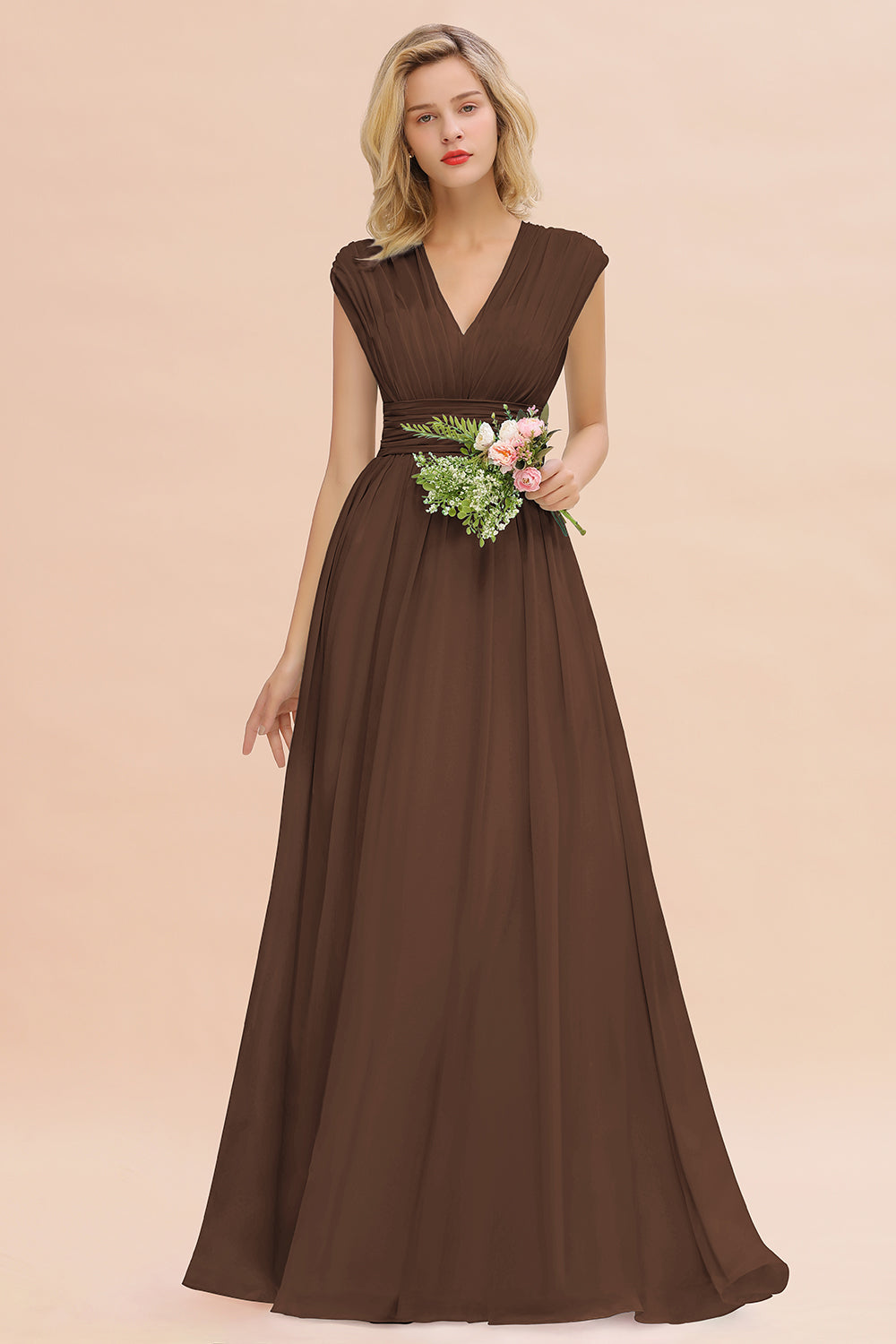 Elegant Chiffon V-Neck Ruffle Long Bridesmaid Dresses Affordable