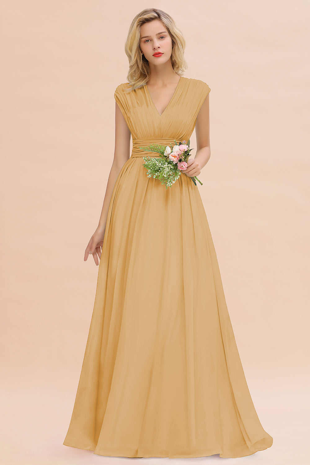 Elegant Chiffon V-Neck Ruffle Long Bridesmaid Dresses Affordable