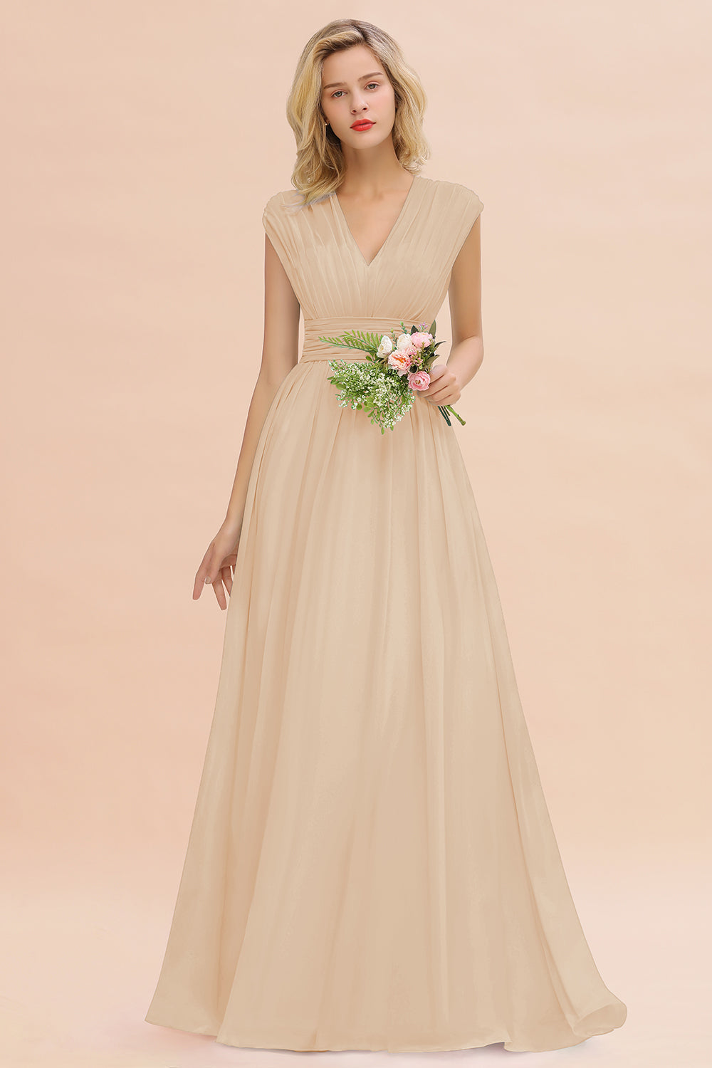 Elegant Chiffon V-Neck Ruffle Long Bridesmaid Dresses Affordable