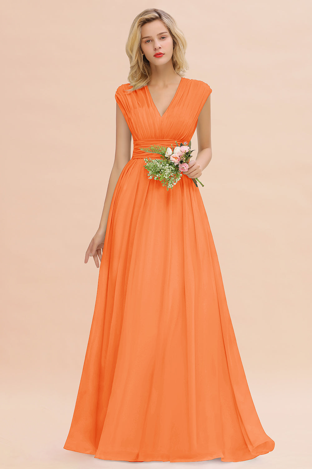 Elegant Chiffon V-Neck Ruffle Long Bridesmaid Dresses Affordable