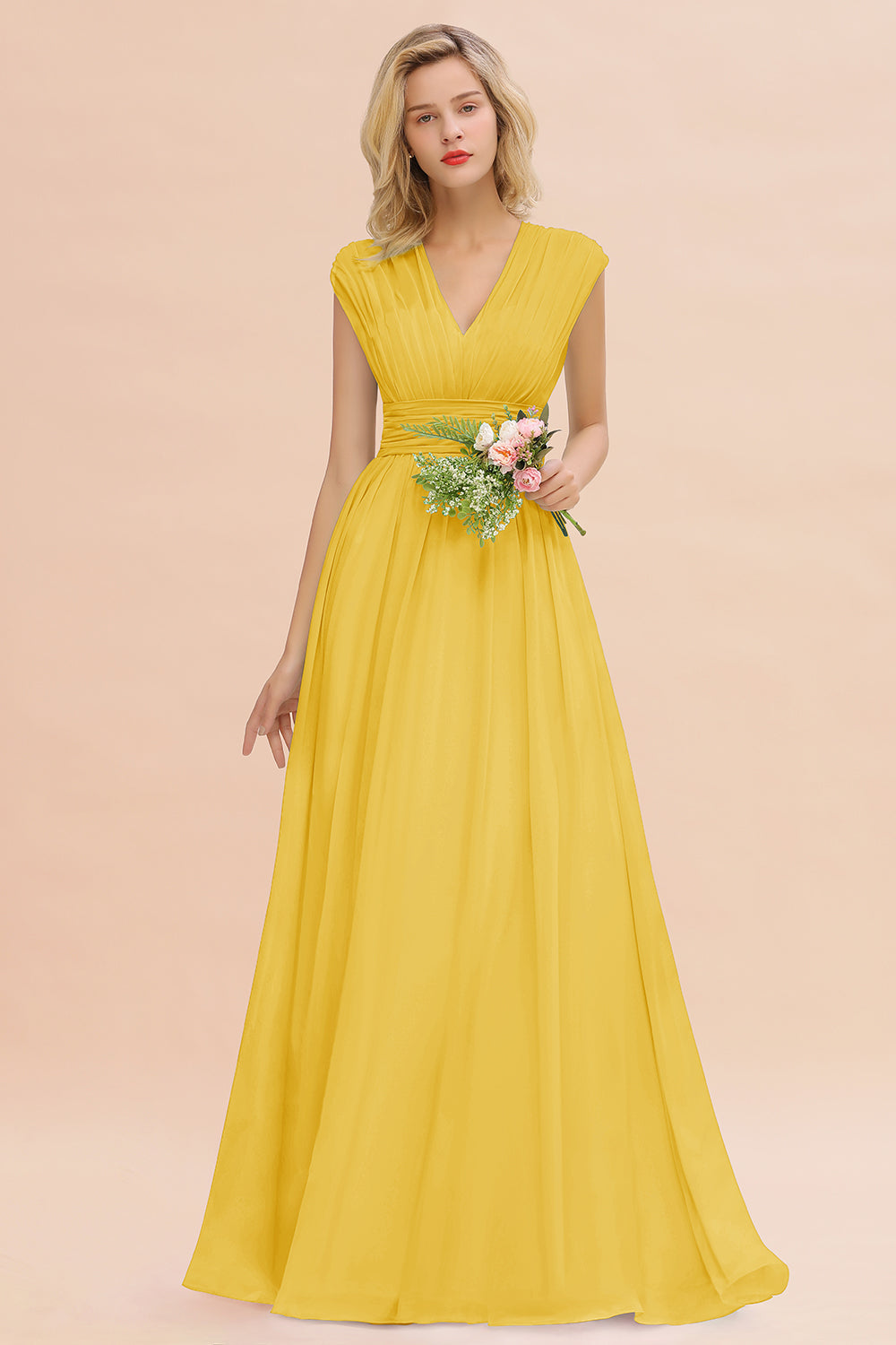 Elegant Chiffon V-Neck Ruffle Long Bridesmaid Dresses Affordable