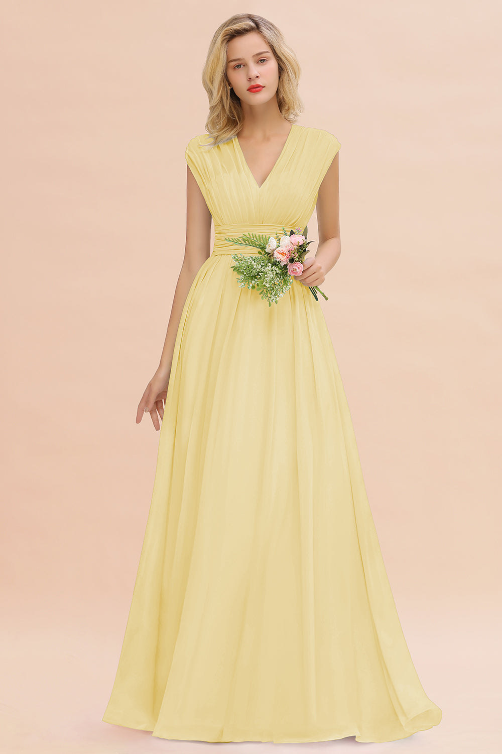 Elegant Chiffon V-Neck Ruffle Long Bridesmaid Dresses Affordable