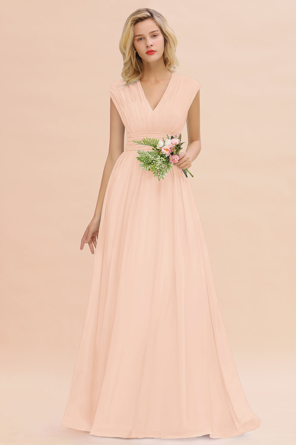 Elegant Chiffon V-Neck Ruffle Long Bridesmaid Dresses Affordable