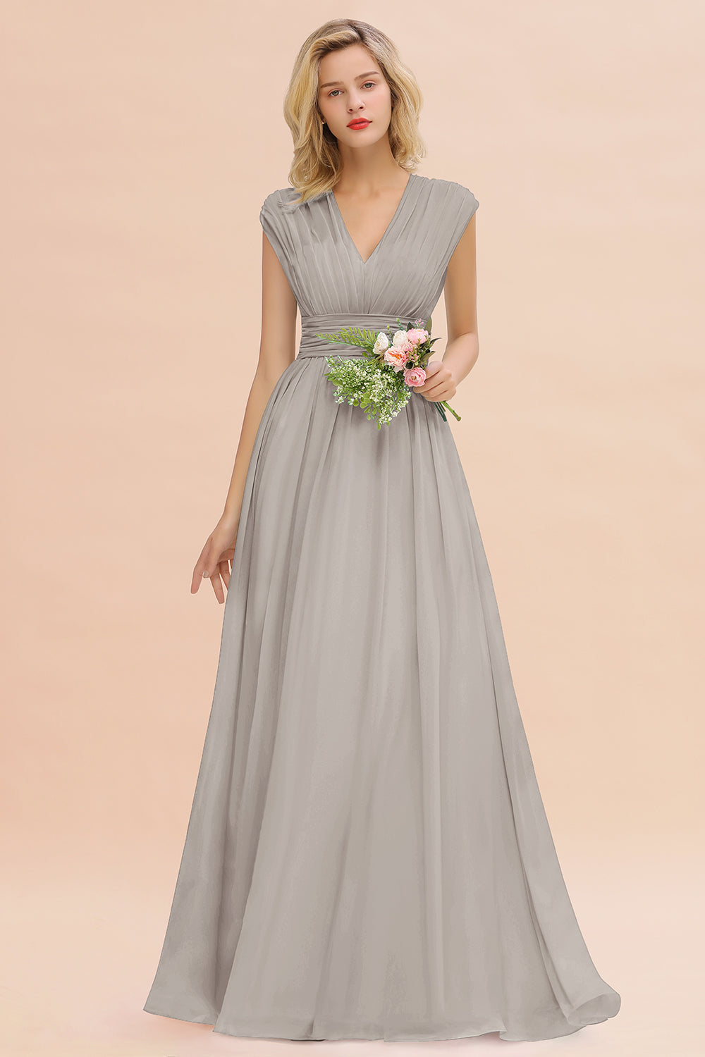 Elegant Chiffon V-Neck Ruffle Long Bridesmaid Dresses Affordable