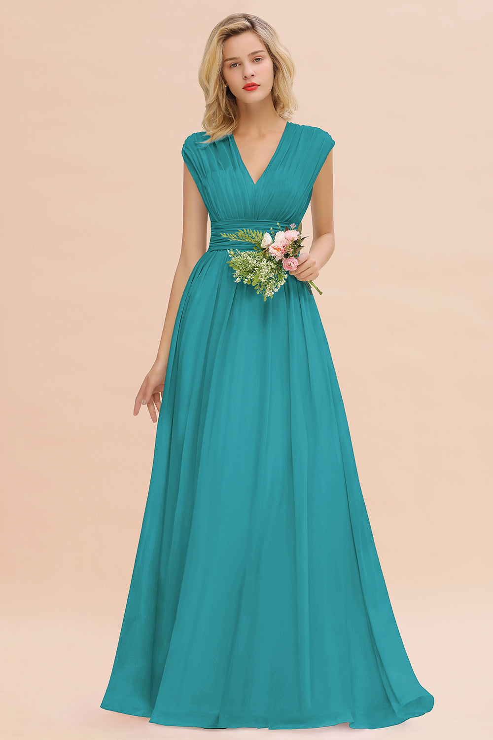 Elegant Chiffon V-Neck Ruffle Long Bridesmaid Dresses Affordable