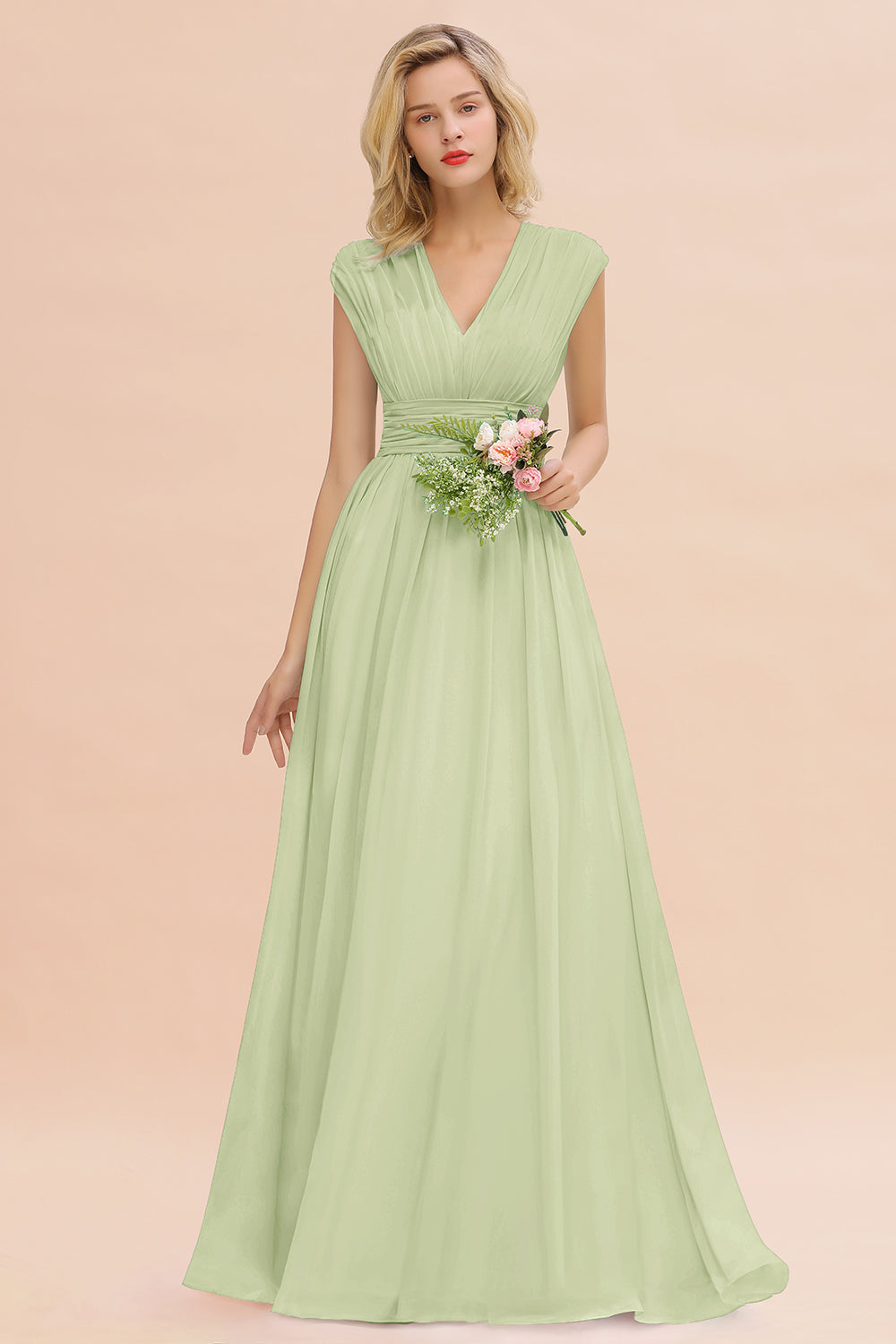 Elegant Chiffon V-Neck Ruffle Long Bridesmaid Dresses Affordable