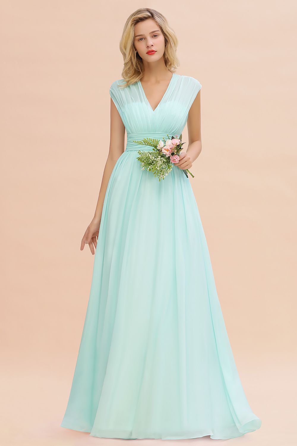 Elegant Chiffon V-Neck Ruffle Long Bridesmaid Dresses Affordable