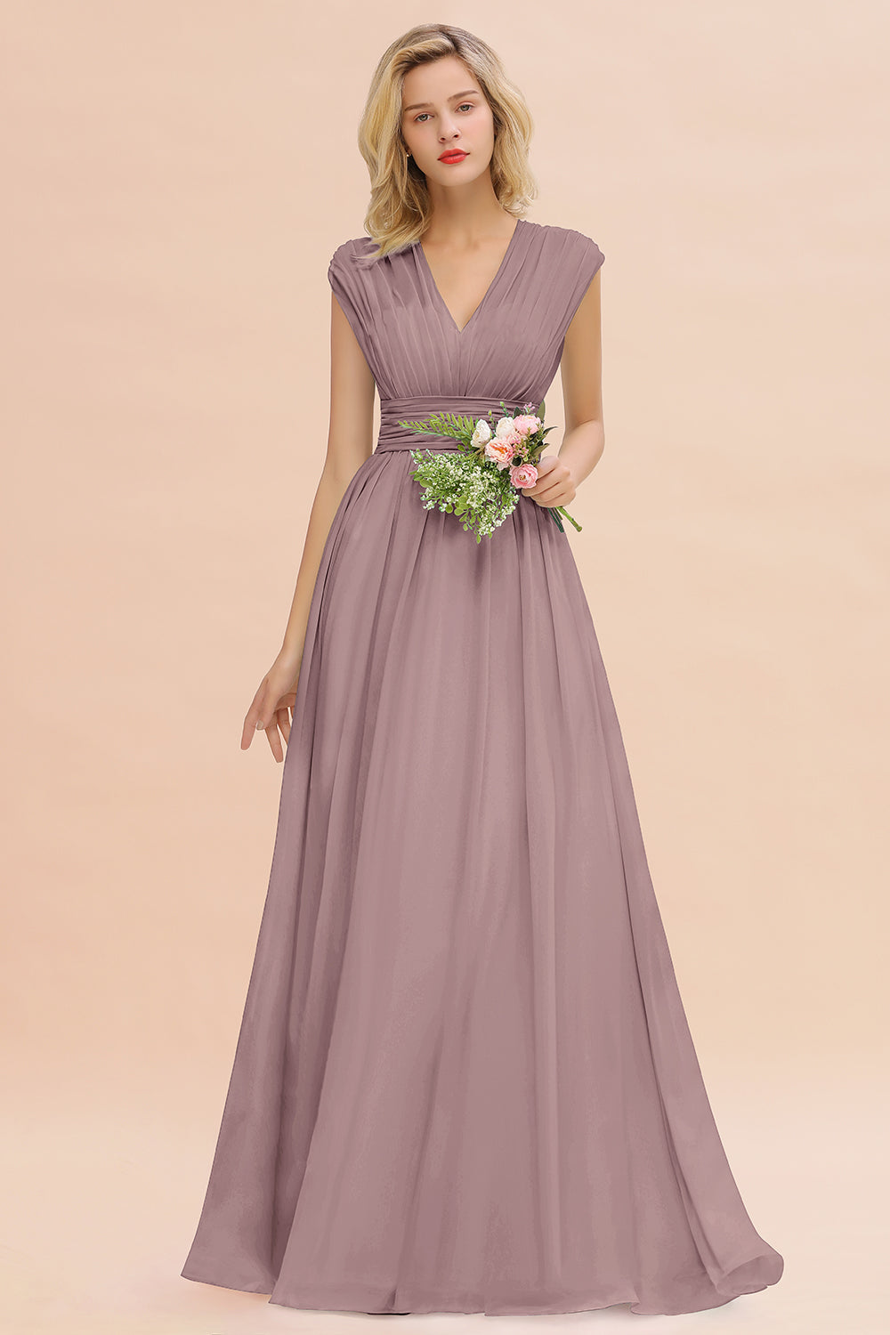 Elegant Chiffon V-Neck Ruffle Long Bridesmaid Dresses Affordable