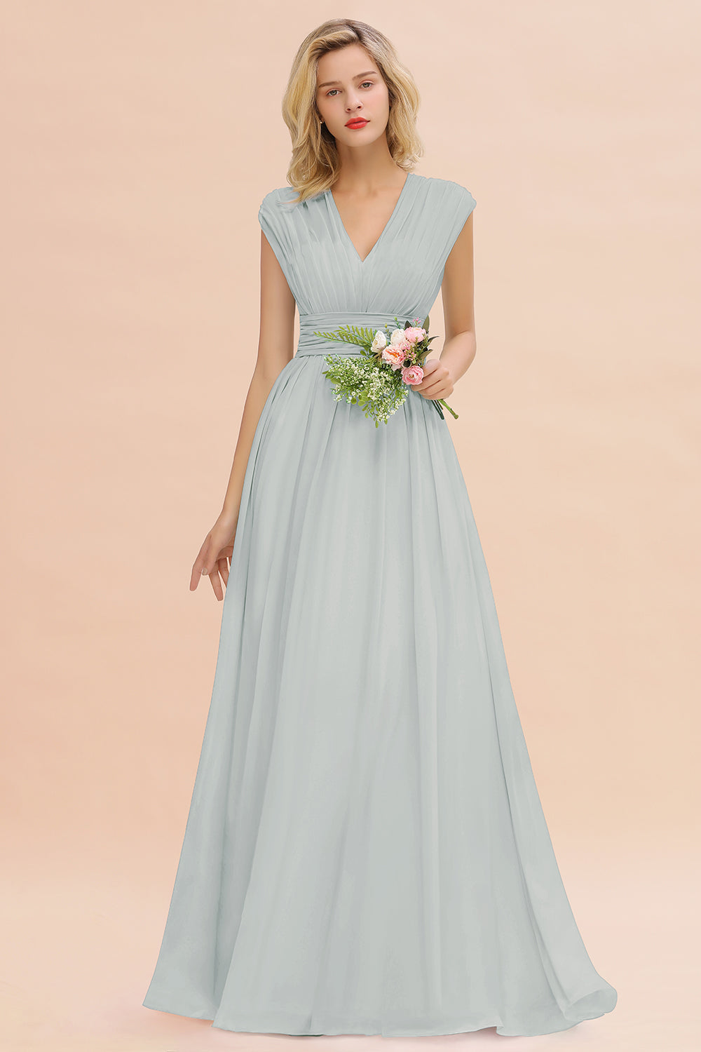 Elegant Chiffon V-Neck Ruffle Long Bridesmaid Dresses Affordable